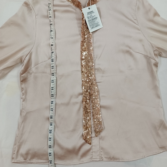 Satin dusty pink shirt with sequenced neck design - Picture 5 of 5